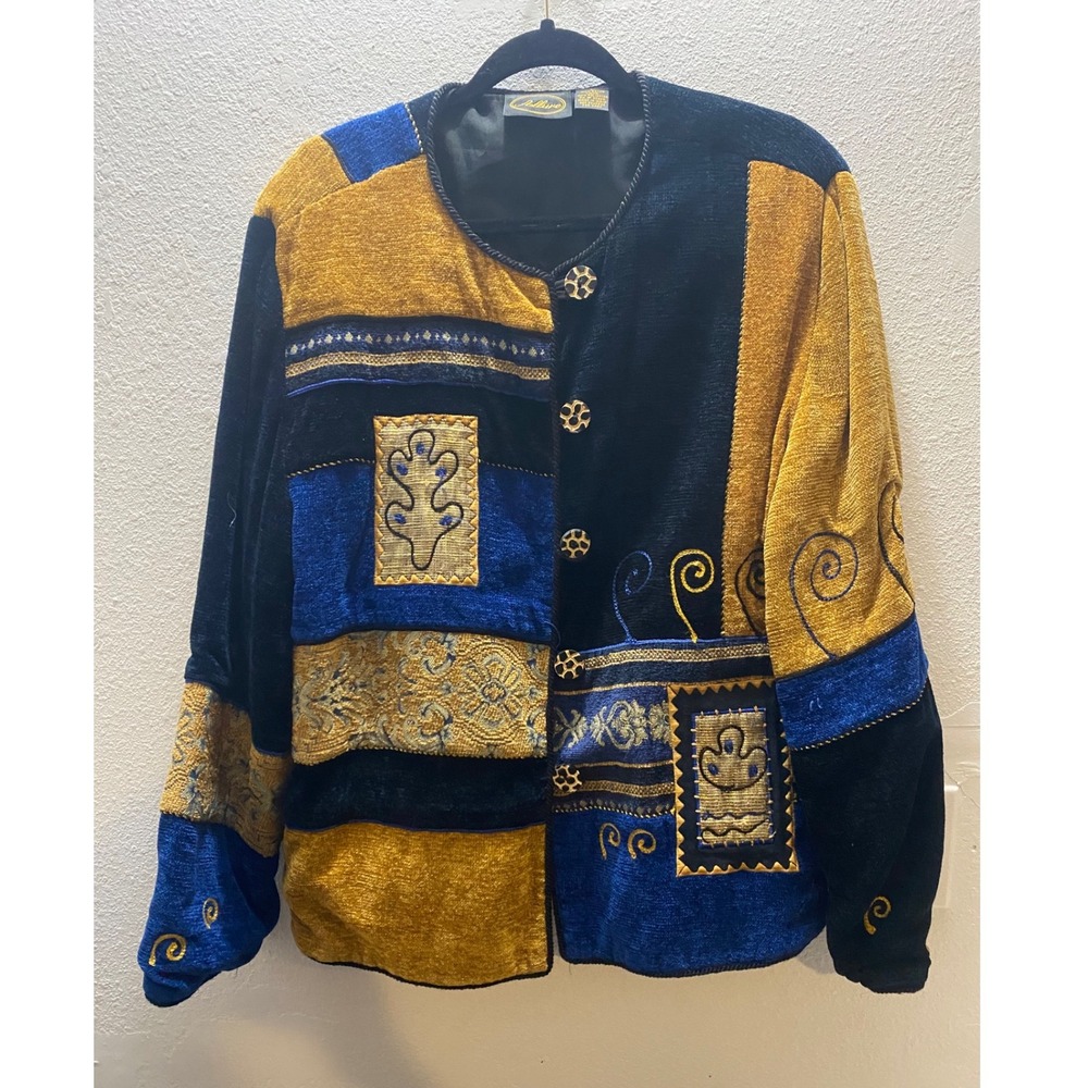 Vintage Allure Women's Patchwork Jacket Blue Gold Textured Embroidered Size L